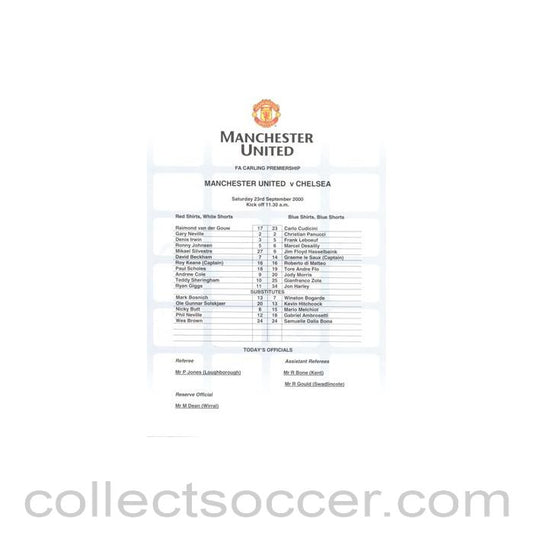 2000 - Manchester United v Chelsea official colour teamsheet 23/09/2000 Carling Premiership