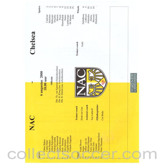 2000 - NAC V Chelsea Official Colour Teamsheet 6/08/2000