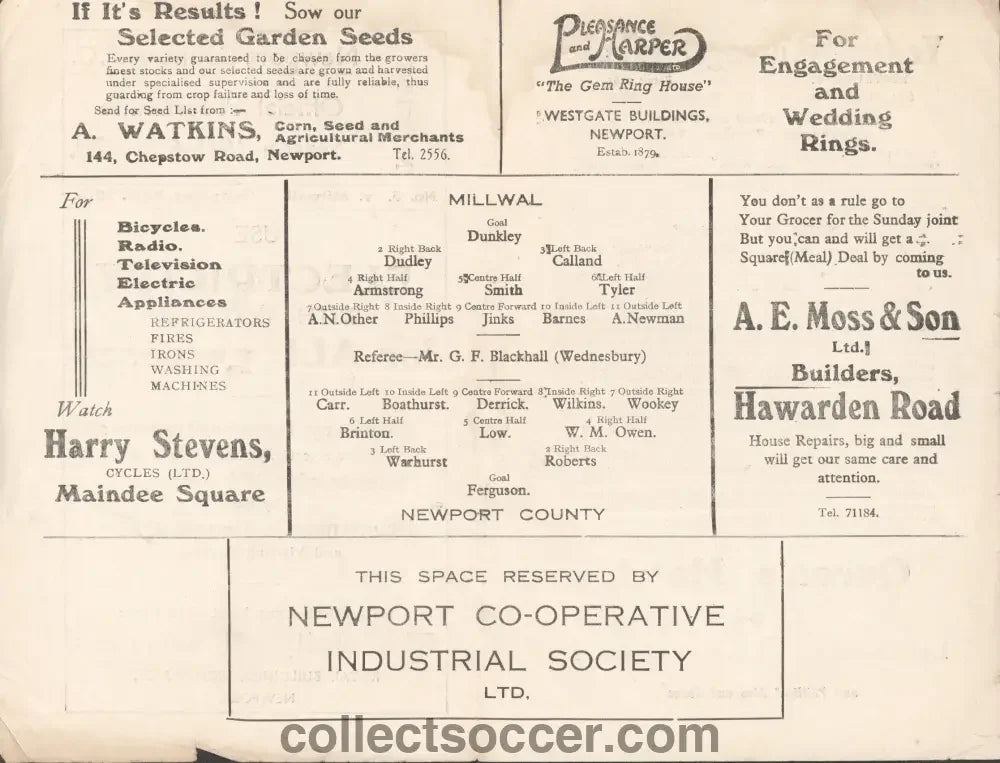 Newport County v Millwall 29/9/1945 Programme - Collect Soccer