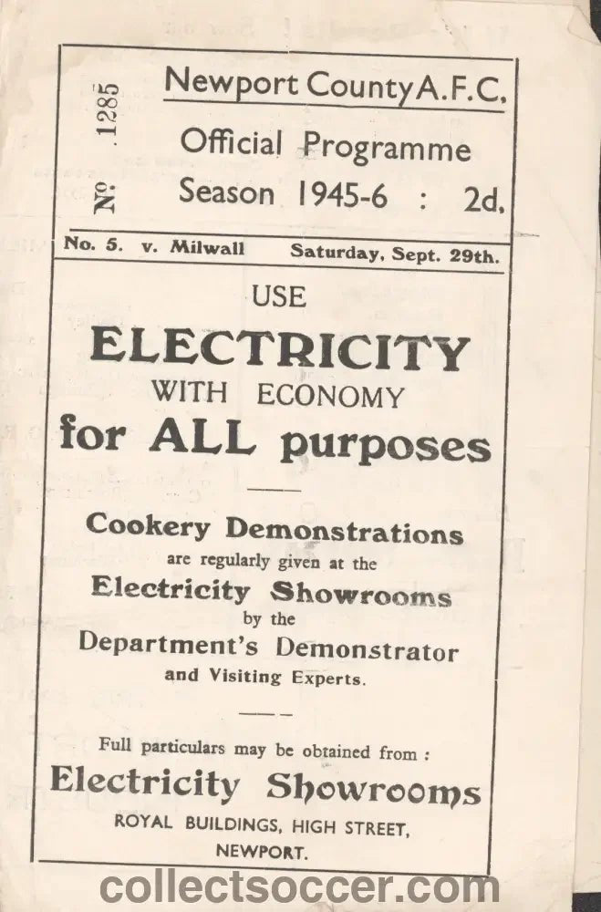 Newport County v Millwall 29/9/1945 Programme - Collect Soccer
