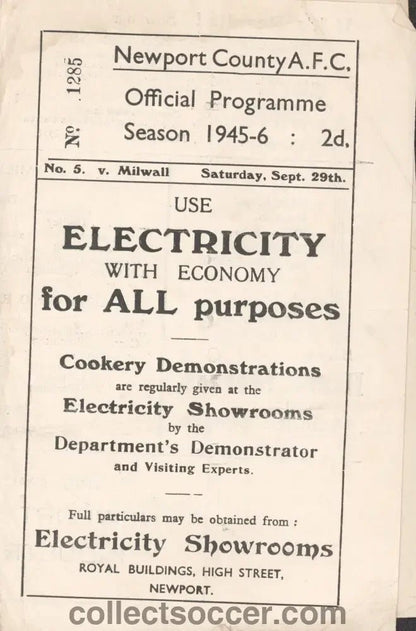 Newport County v Millwall 29/9/1945 Programme - Collect Soccer