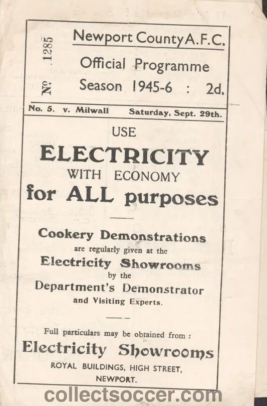 Newport County v Millwall 29/9/1945 Programme