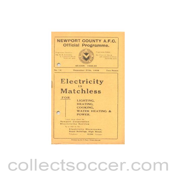 1938 - Newport County v Swindon Town official programme 27/12/1938
