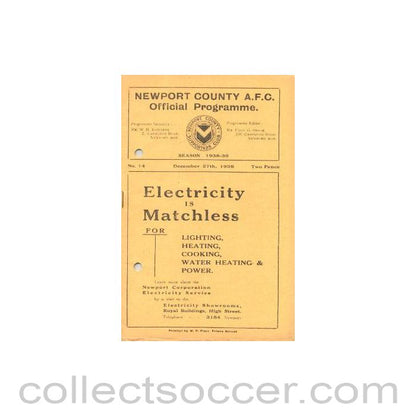 1938 - Newport County v Swindon Town official programme 27/12/1938