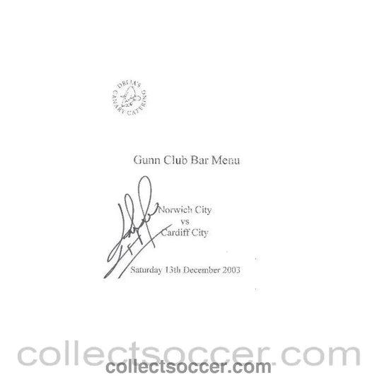 Norwich City v Cardiff City signed menu 13/12/2003