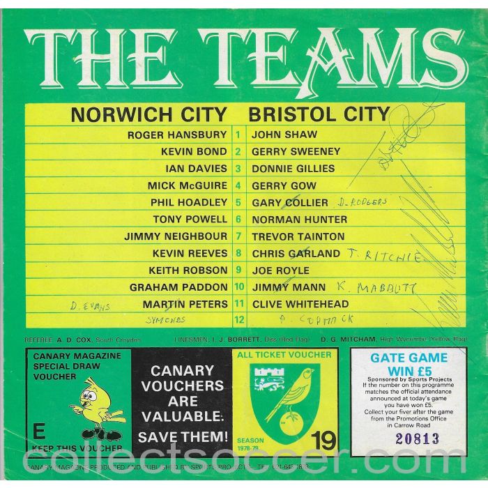 1979 Norwich City v Bristol City Football Programme - Autographed Bristol City Players