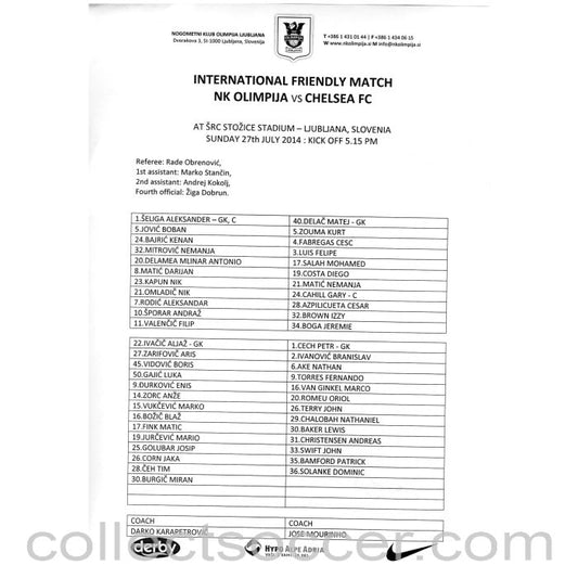2014 - NK Olimpija v Chelsea Official Teamsheet Programme 27/07/2014