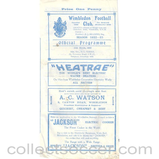 1933 - At Wimbledon FC  LSC Semi Final Dulwich Hamlet v Finchley Programme