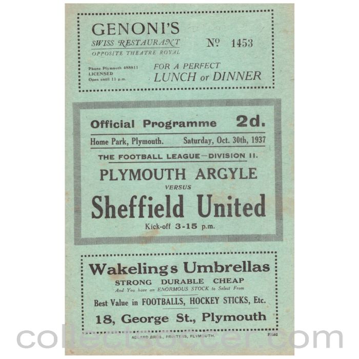 1937 Plymouth Argyle v Sheffield United Football Programe
