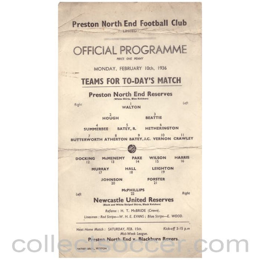 1936 Preston North End Reserves v Newcastle United Reserves programme