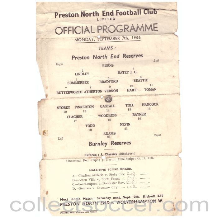 1936 Preston North End Reserves v Burnley Reserves programme