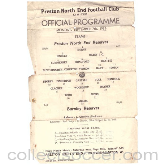 1936 Preston North End Reserves v Burnley Reserves programme
