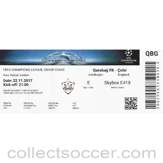 2017 - Qarabag V Chelsea VIP Skybox Ticket 22/11/2017