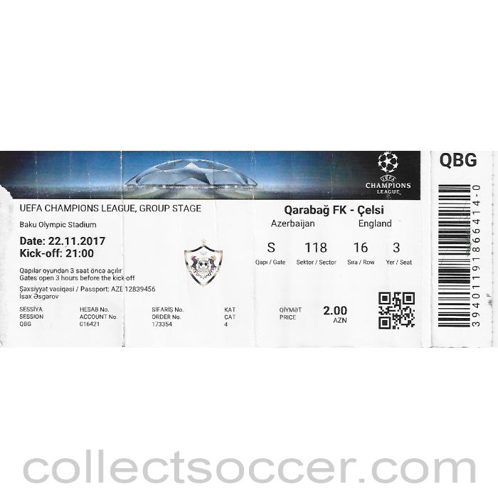 2017 - Qarabag V Chelsea Used Ticket 22/11/2017