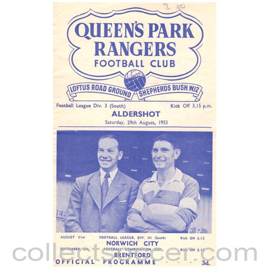 1953 Queen's Park Rangers v Aldershot Football Programme