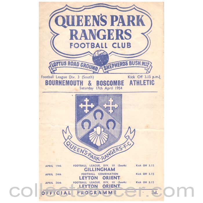 1954 Queens Park Rangers v Bournemouth Football Programme