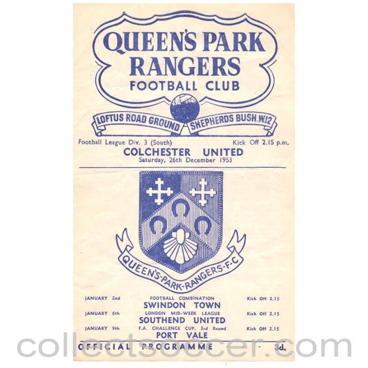 1953 Queen's Park Rangers v Colchester United Football Programme