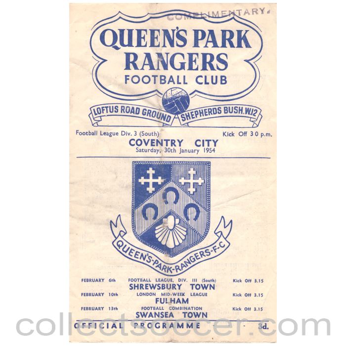 1954 Queens Park Rangers v Coventry City Football Programme