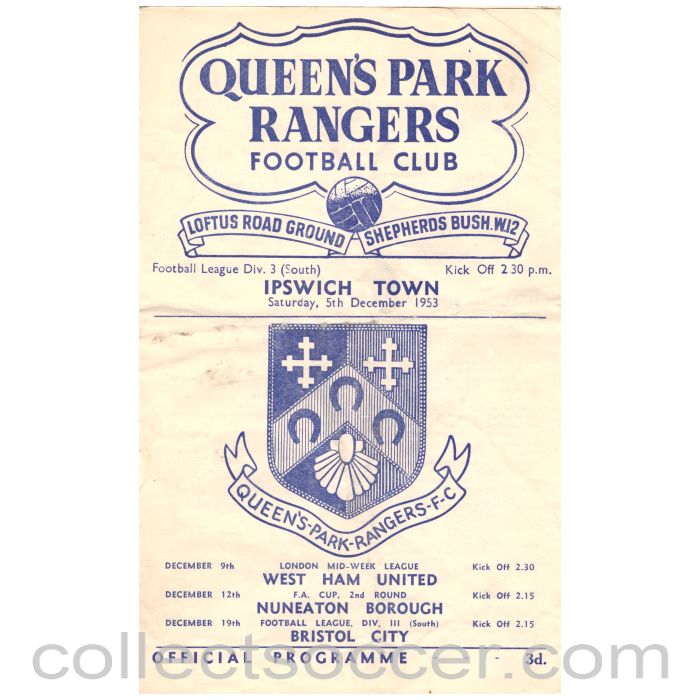 1953 Queen's Park Rangers v Ipswich Town Football Programme