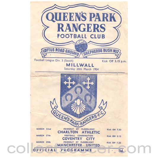 1954 Queens Park Rangers v Millwall Football Programme