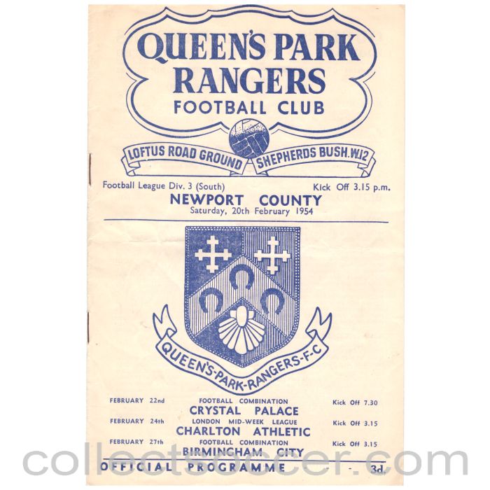 1954 Queens Park Rangers v Newport County Football Programme