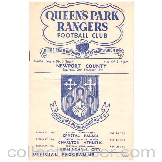 1954 Queens Park Rangers v Newport County Football Programme