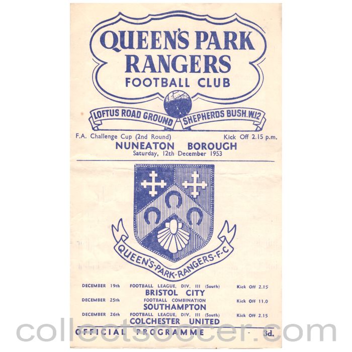 1953 Queen's Park Rangers v Nuneaton Borough Football Programme