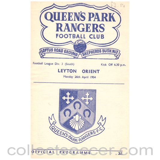 1954 Queens Park Rangers v Leyton Orient Football Programme