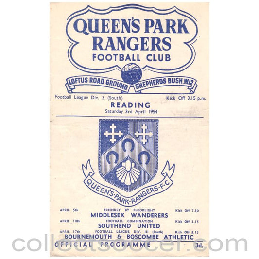 1954 Queens Park Rangers v Reading Football Programme