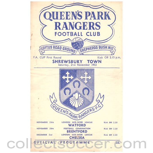 1953 Queen's Park Rangers v Shrewsbury Town Football Programme