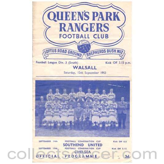 1953 Queen's Park Rangers v Walsall Football Programme