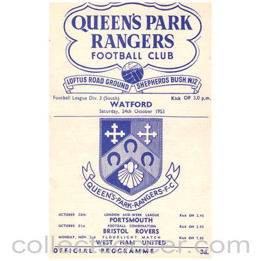 1953 Queen's Park Rangers v Watford Football Programme