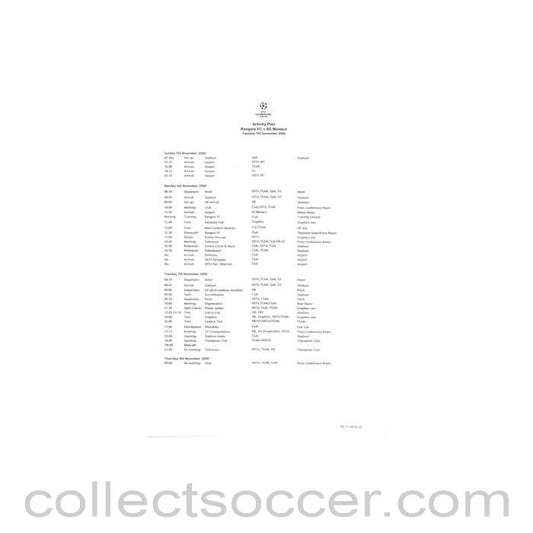 2000 - Glasgow Rangers v Monaco 07/11/2000 Activity Plan