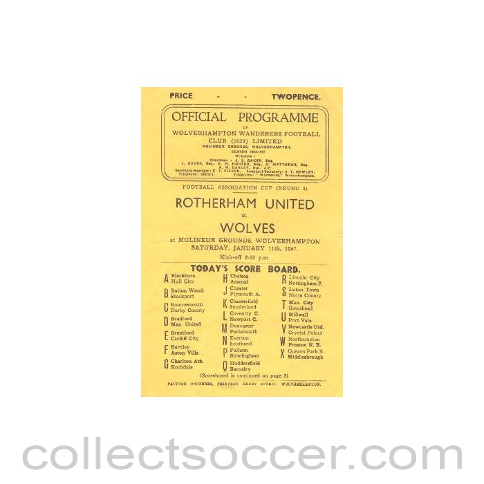 1947 - Rotherham United v Wolverhampton Wanderers official programme 11/01/1947