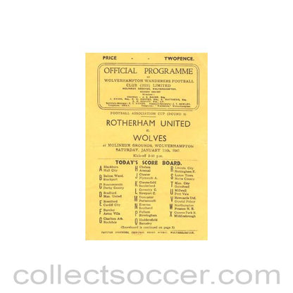 1947 - Rotherham v Wolverhampton Wanderers official programme 11/01/1947