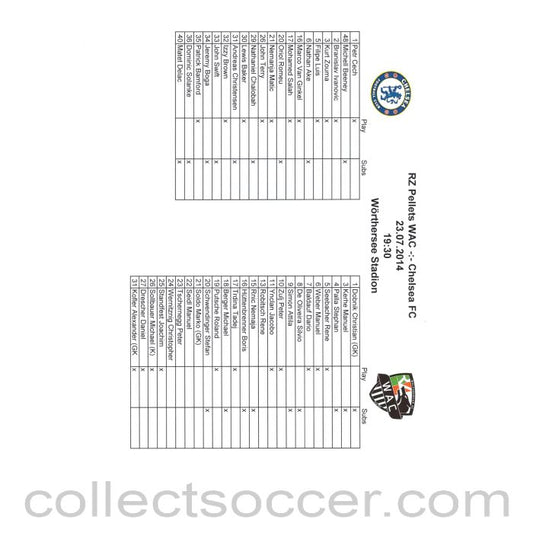 2014 - RZ Pellets WAC v Chelsea Official Teamsheet Programme 23/07/2014