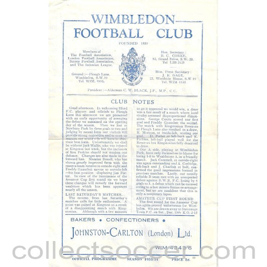 1953 - Wimbledon v Ilford 21/11/1953 Official Programme