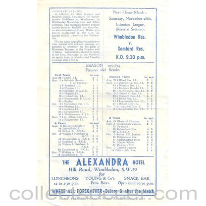 1953 - Wimbledon v Ilford 21/11/1953 Official Programme