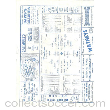 1953 - Wimbledon v Ilford 21/11/1953 Official Programme
