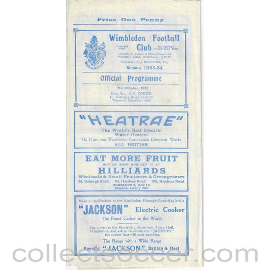 1933 - Wimbledon v Dulwich Hamlet 21/10/1933 Official Programme