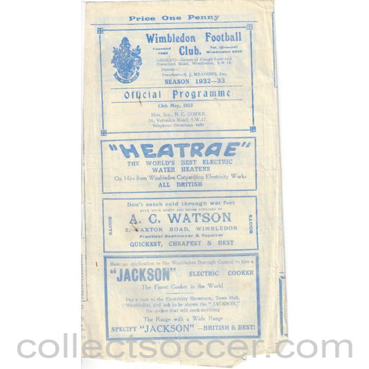 1933 - At Wimbledon SSC Final  Dulwich Hamlet v Metropolitan Police 13/5/1933 Official Programme