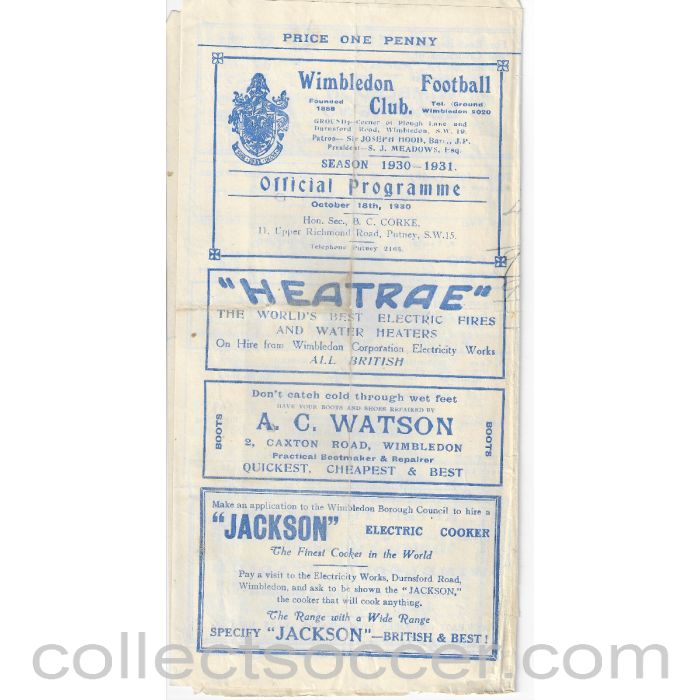 1930 - Wimbledon v Dulwich Hamlet Official Programme 18/10/1930 Official Programme