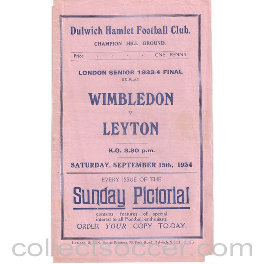 1934 - Wilmbledon v Leyton London Senior Cup Final 15/9/1934 Official Programme