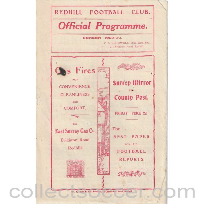 1930 - Redhill v Wimbledon 22/3/30 SSC Official Programme