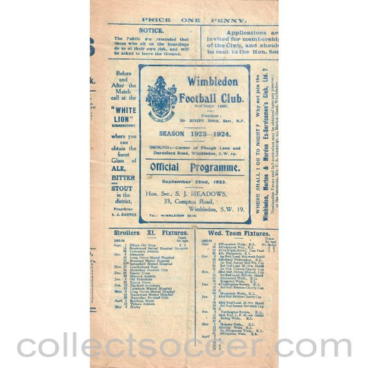 1923 - VERY RARE (some paper loss) - Wimbledon v Northampton Nomads First team Friendly 22/9/1923