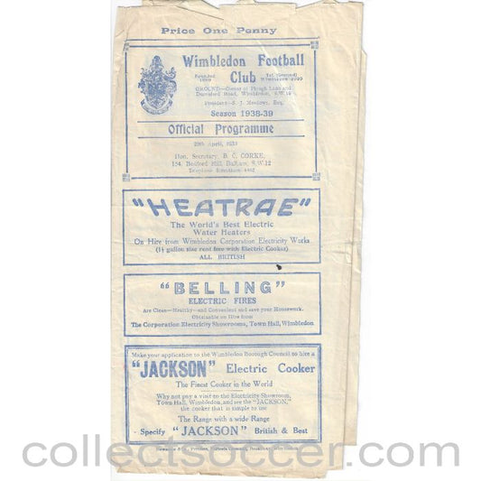1939 - Wimbledon v Dulwich Hamlet 29/4/1939 Official Programme