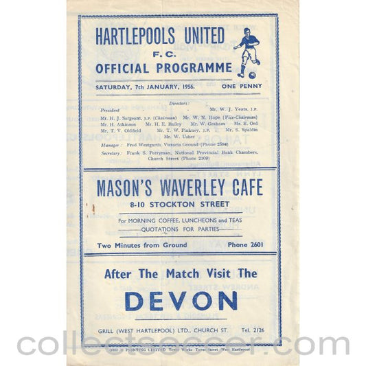 1957 - Hartlepool v Chelsea 7/1/1956 Original Programme FA Cup 3rd Round