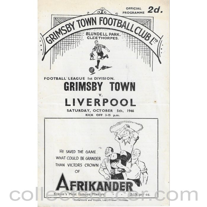 1946 - Grimsby v Liverpool 5/10/1946 Official Programme
