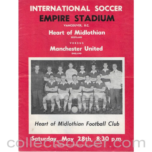 1960 - Hearts v Manchester United in Vancouver 28/5/1960 Official Programme