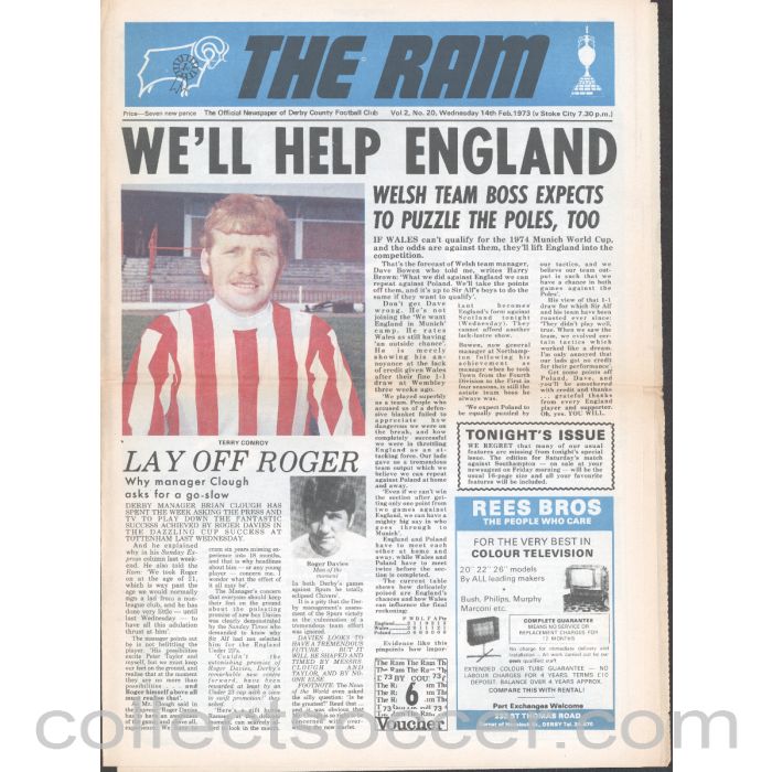 1973 - Derby County v Stoke City 14/2/1973 Official Programme